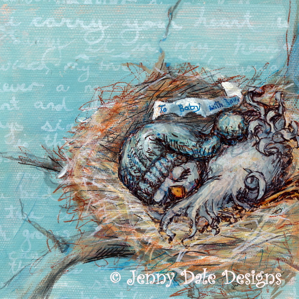 Baby Bird In Nest: Square With Blue Background Art | Jenny Dale Designs
