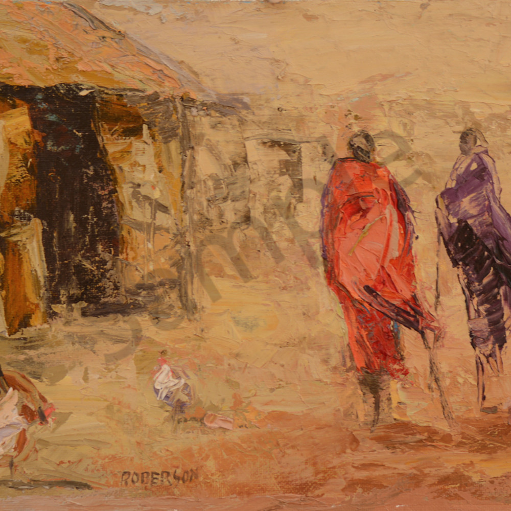Two maasai in village with chickens 9x12 abqsct