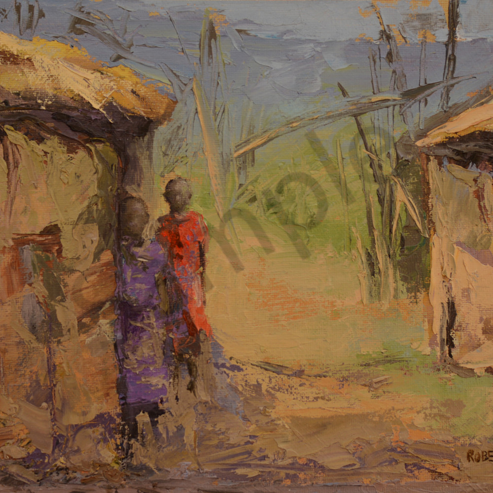 Two maasai girls at hut door 9x12 hrangn