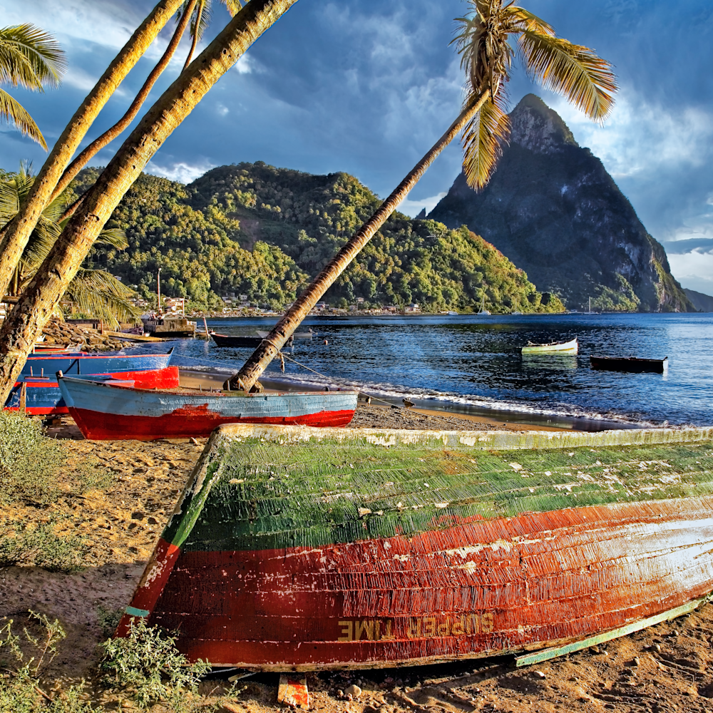 St. lucia and piton with fishing boats xo5icu