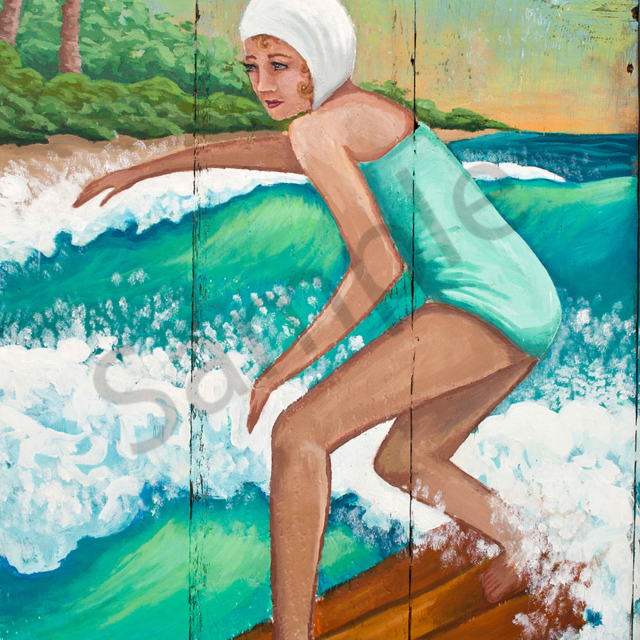 Vintage Surfer Girl Art Swim Whimsey
