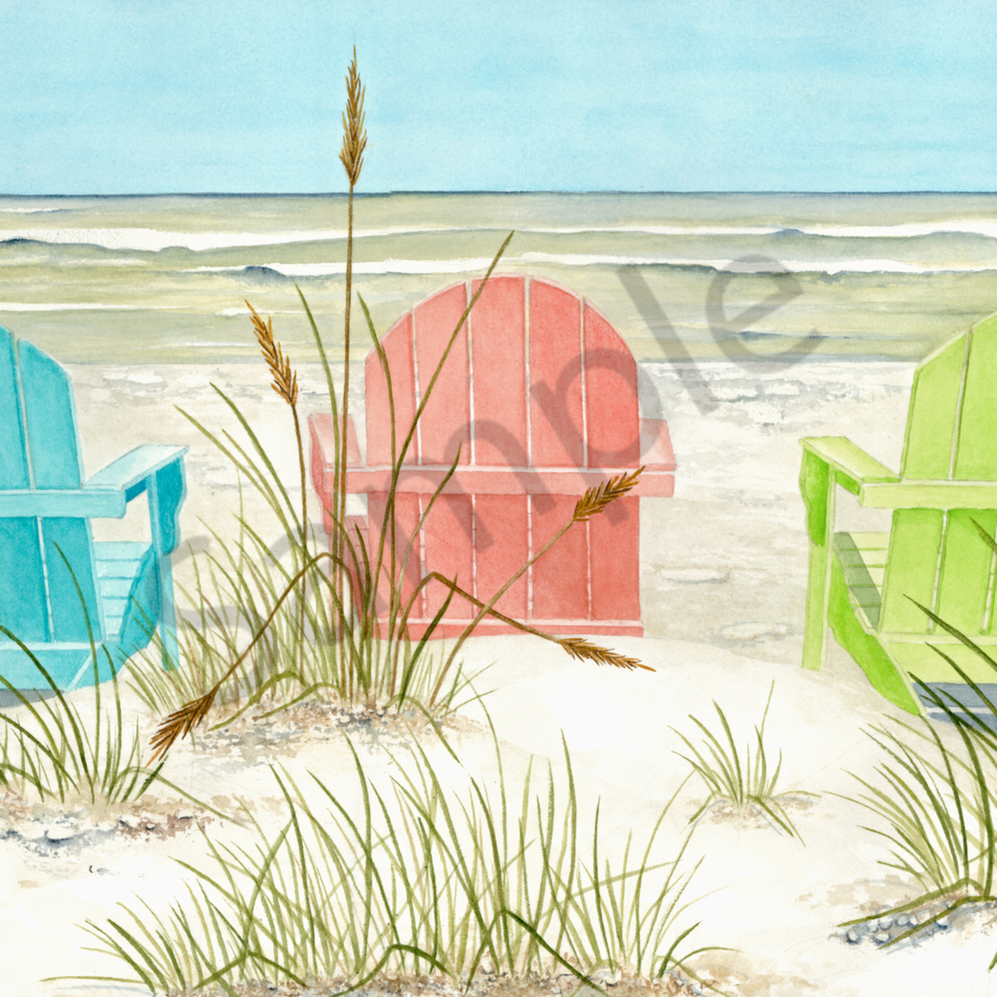 A print on stretched canvas of five brightlycolored Adirondack chairs