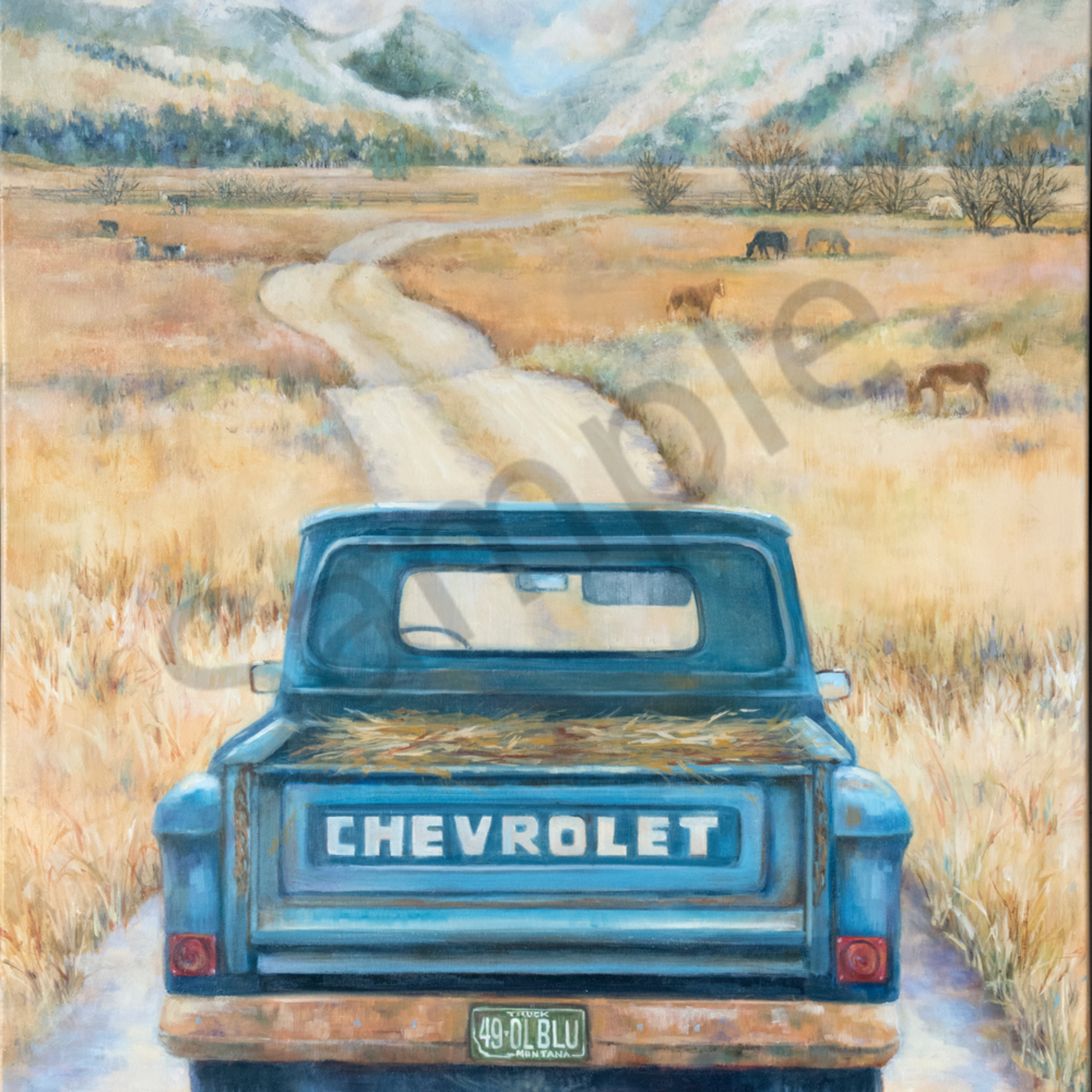 A Painting Of A Blue Chevy With Hay In The Bed On The Way To Feed The