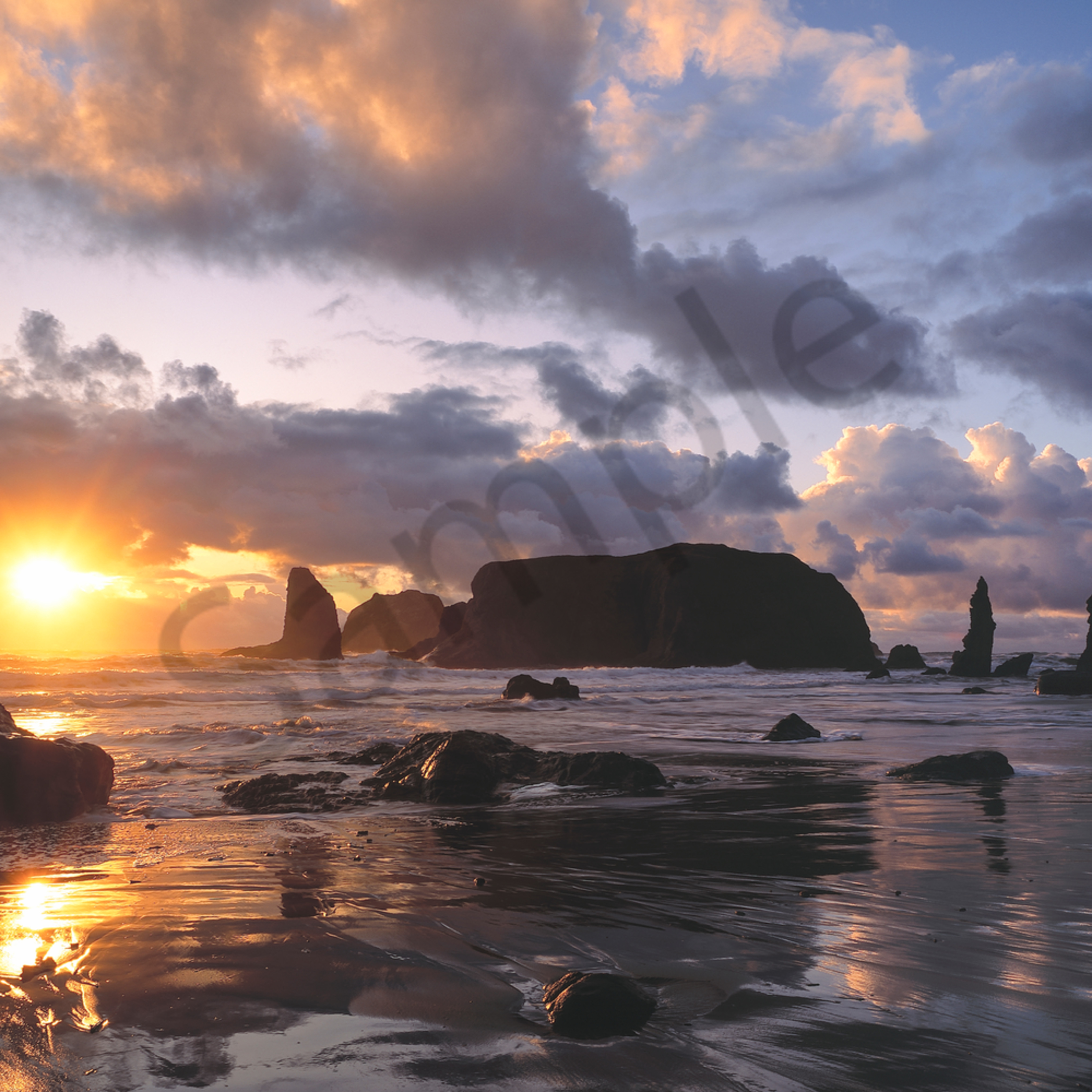 Sea stacks on Bandon Beach at sunset, Bandon, Oregon