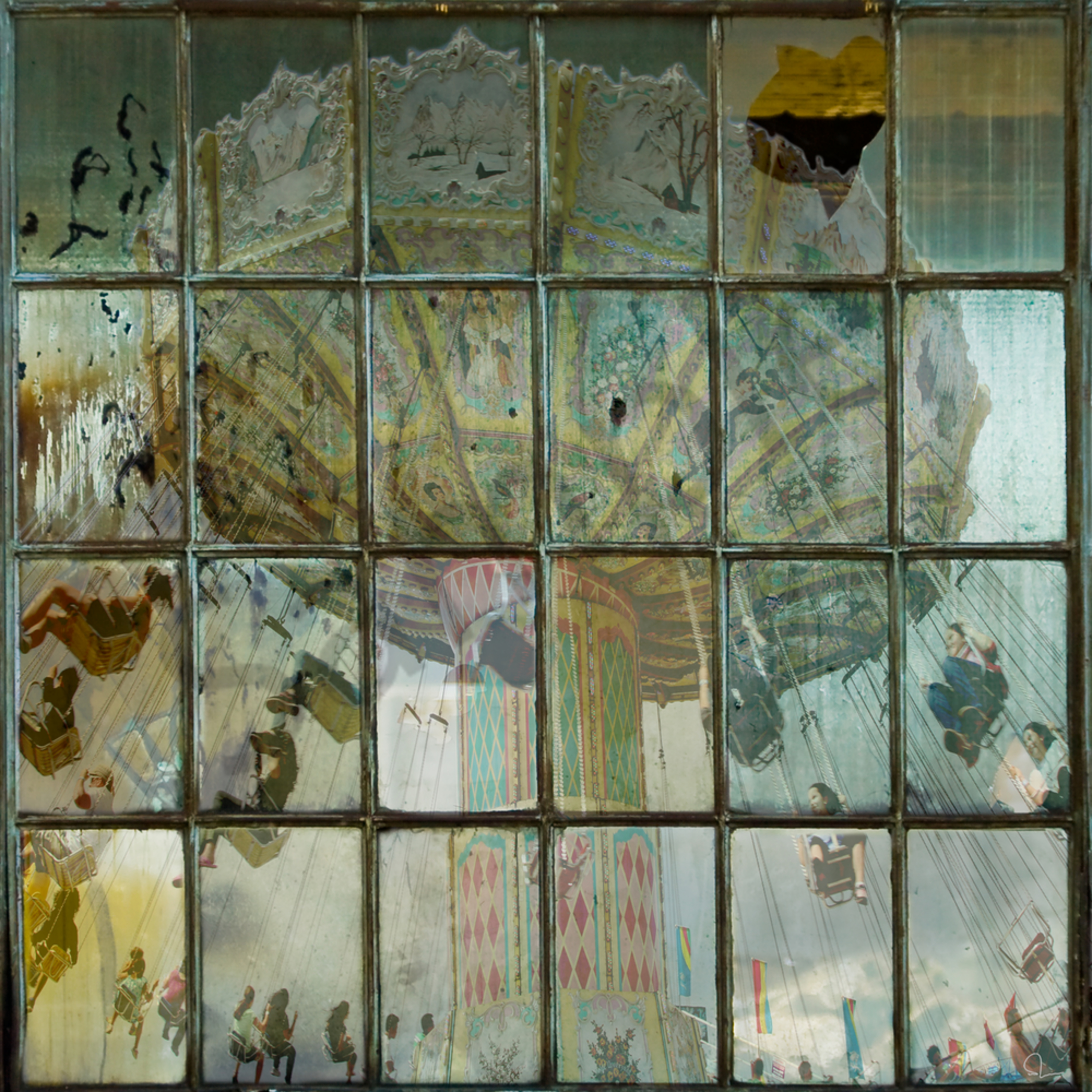 A Layered Photograph Of An Antique Swing Amusement Ride Through Industrial Window Panes For Sale By Michael Toole