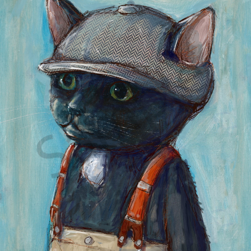 Cat In Vintage Newsboy Hat Art Jenny Dale Designs