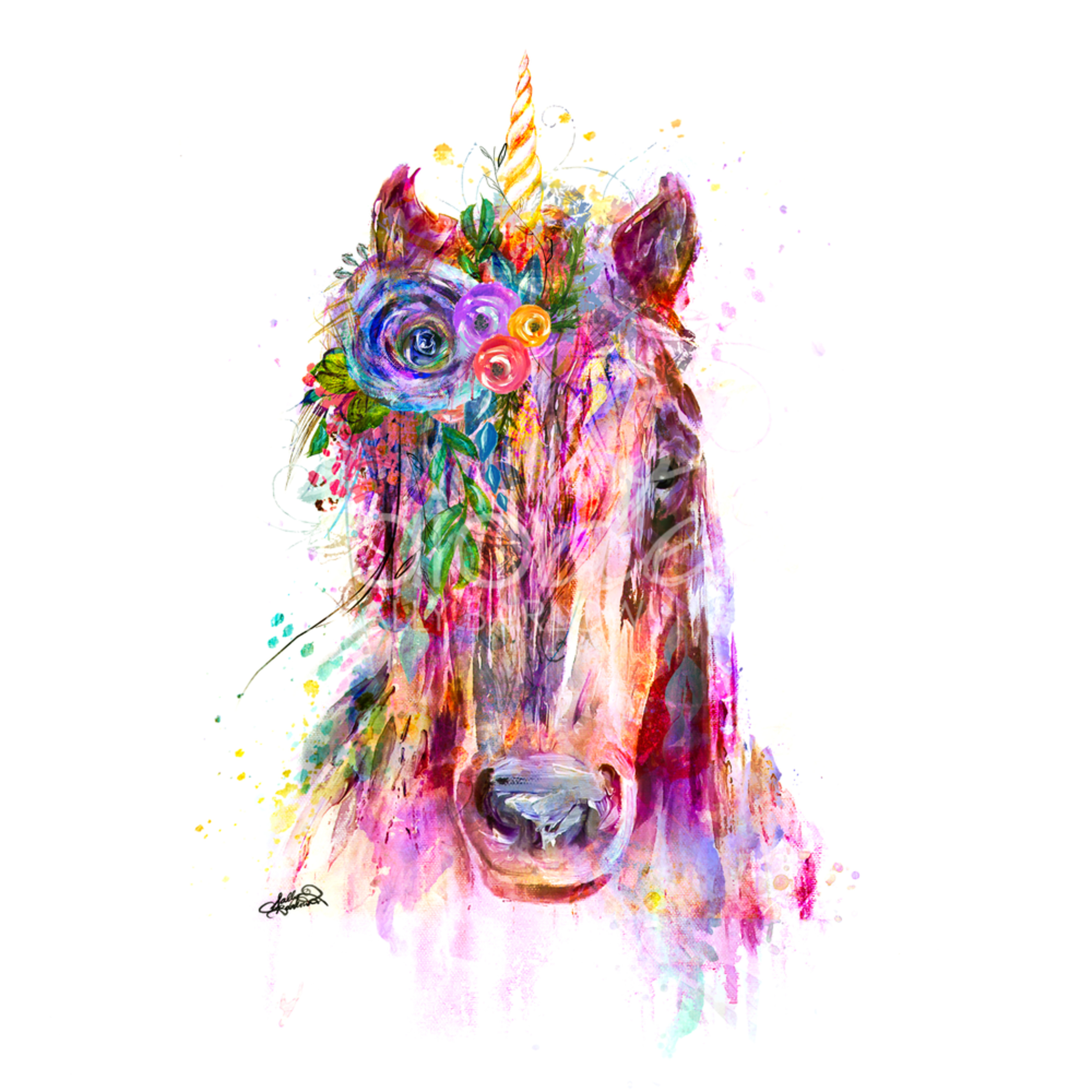 bright unicorn art painting print by sally barlow