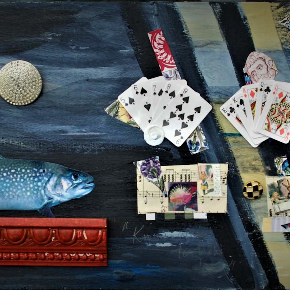 Know when to hold em mixed media collage and assemblage on wood 12x36 xovixi
