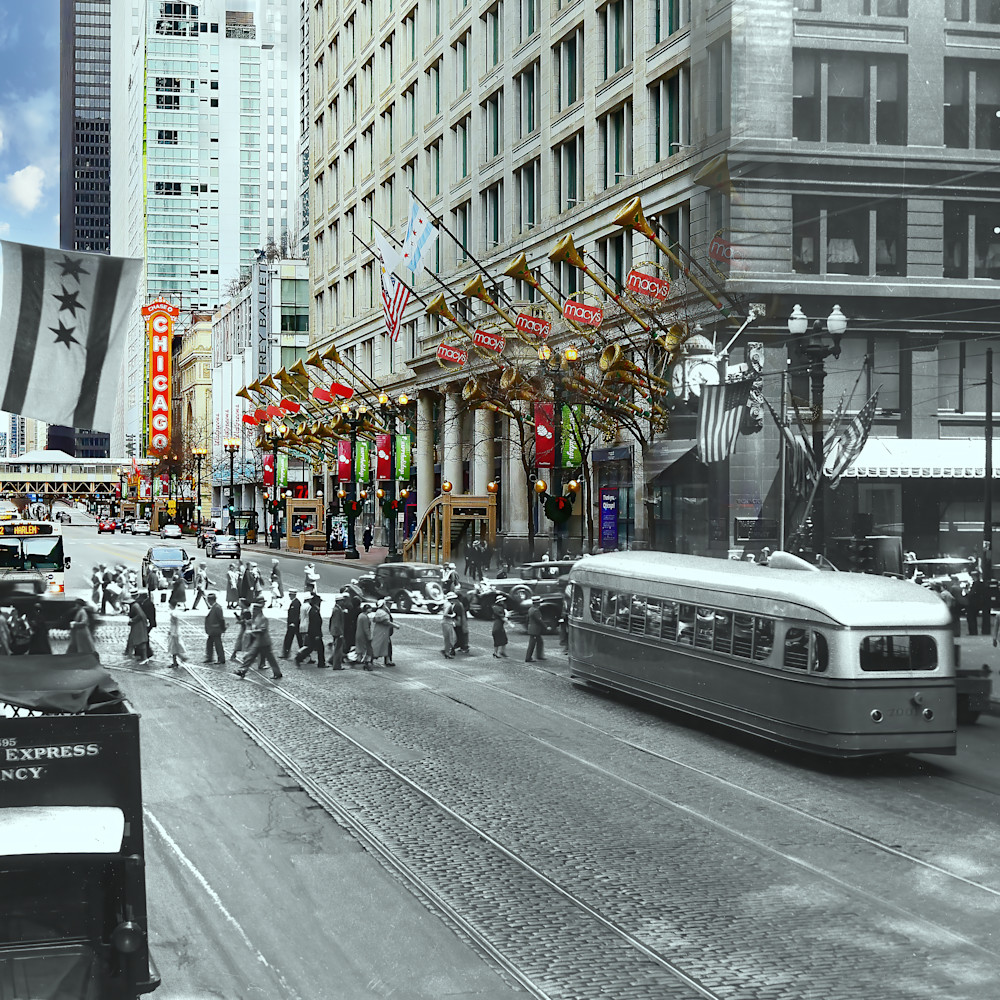 Dsc 2276 sl 7001 northbound at state and wash 1934. experimental pre pcc car transported visitors century of progress. only three stars on the chicago flag. the fourth star symbolizing fort dearborn was added in 1939 hmcsg4