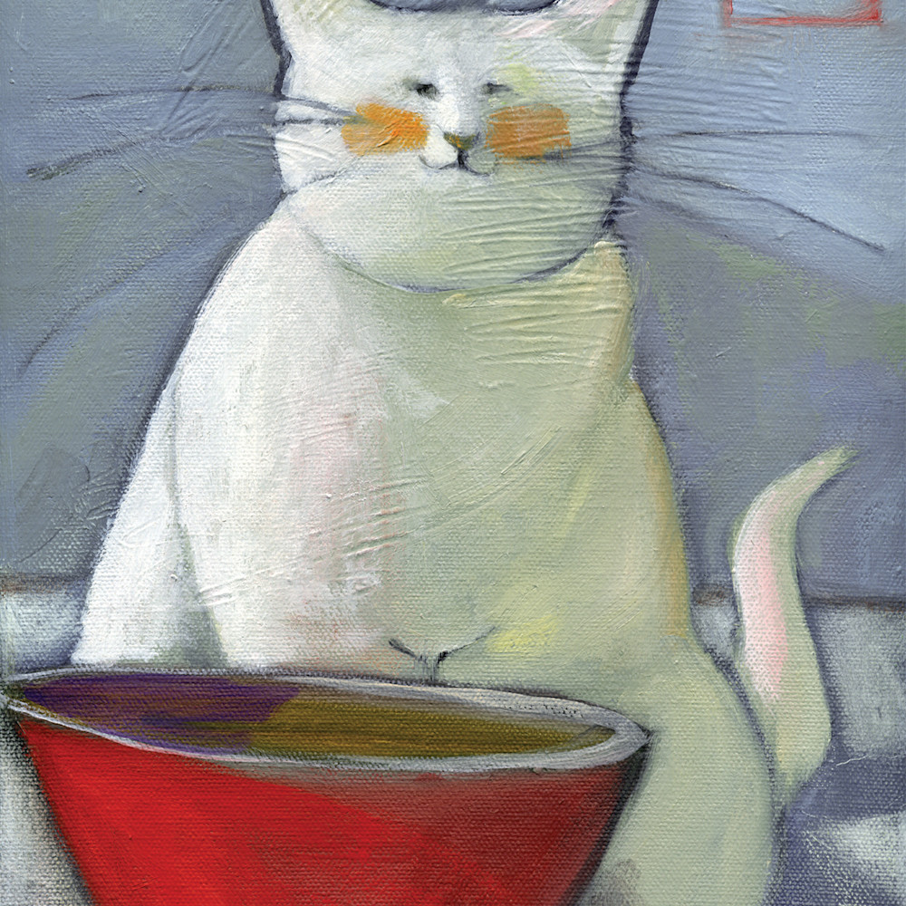 White cat red bowl greeting 5x7 ry47v5