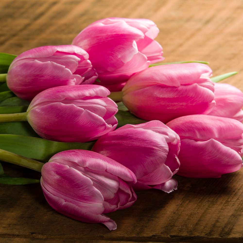 Bouquet of pink tulips on a wooden table r6ysib