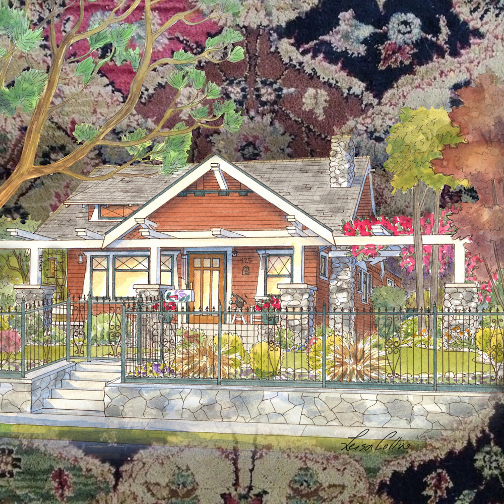 Craftsman home portrait tapestry collage   architectural collage art swxkbf
