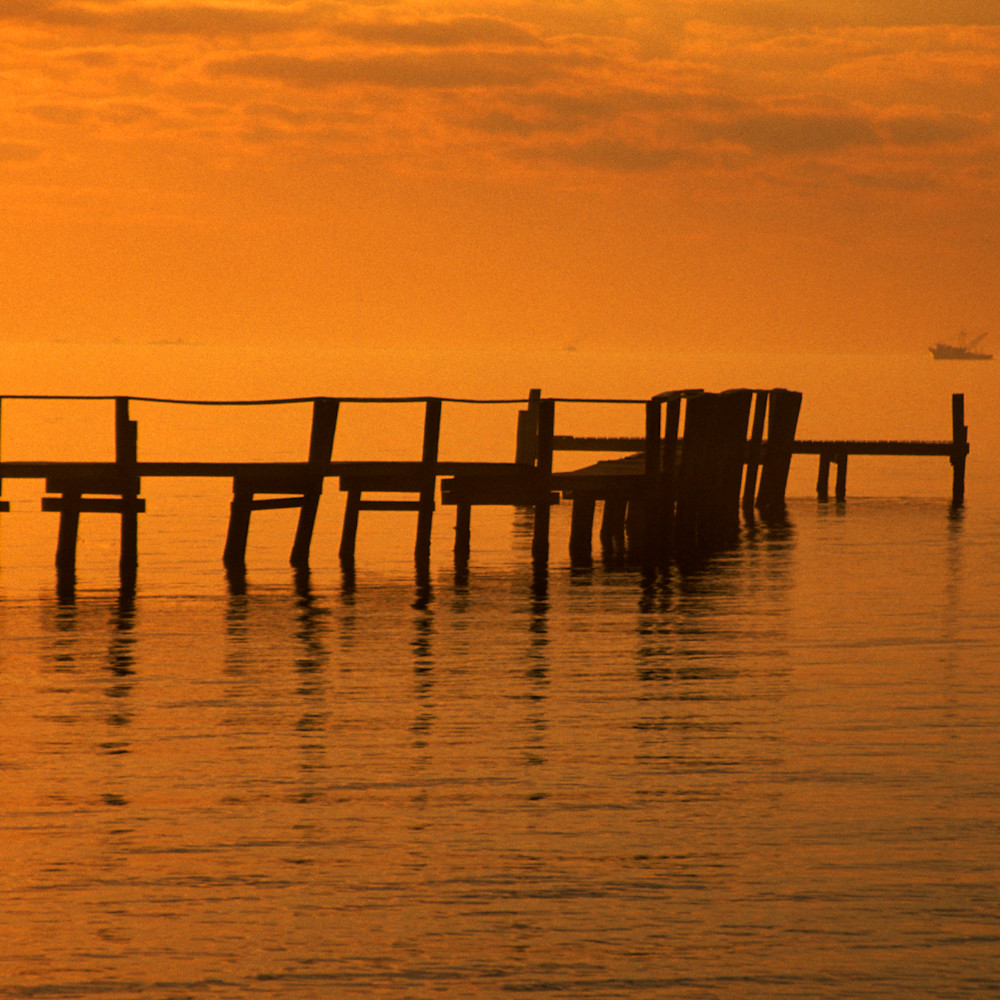 Seascape pier with orange sky ruth burke art upcsfz