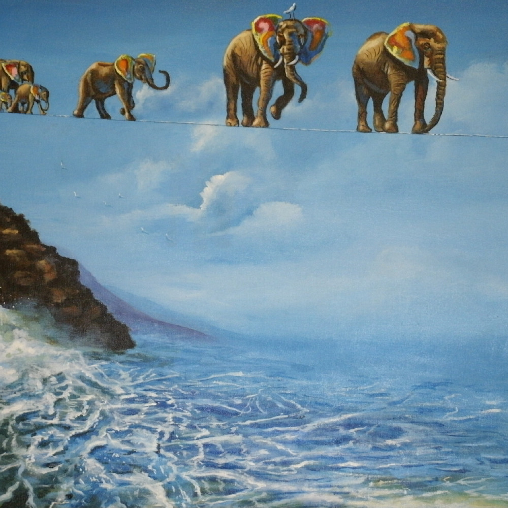 Elephant family with butterfly ears on a tightrope d4s3hi