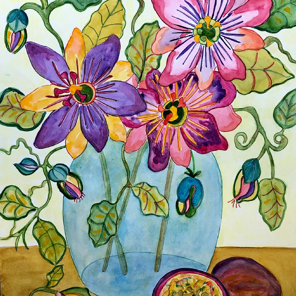 Passion fruit in blue vase 11 x 14 accpoy