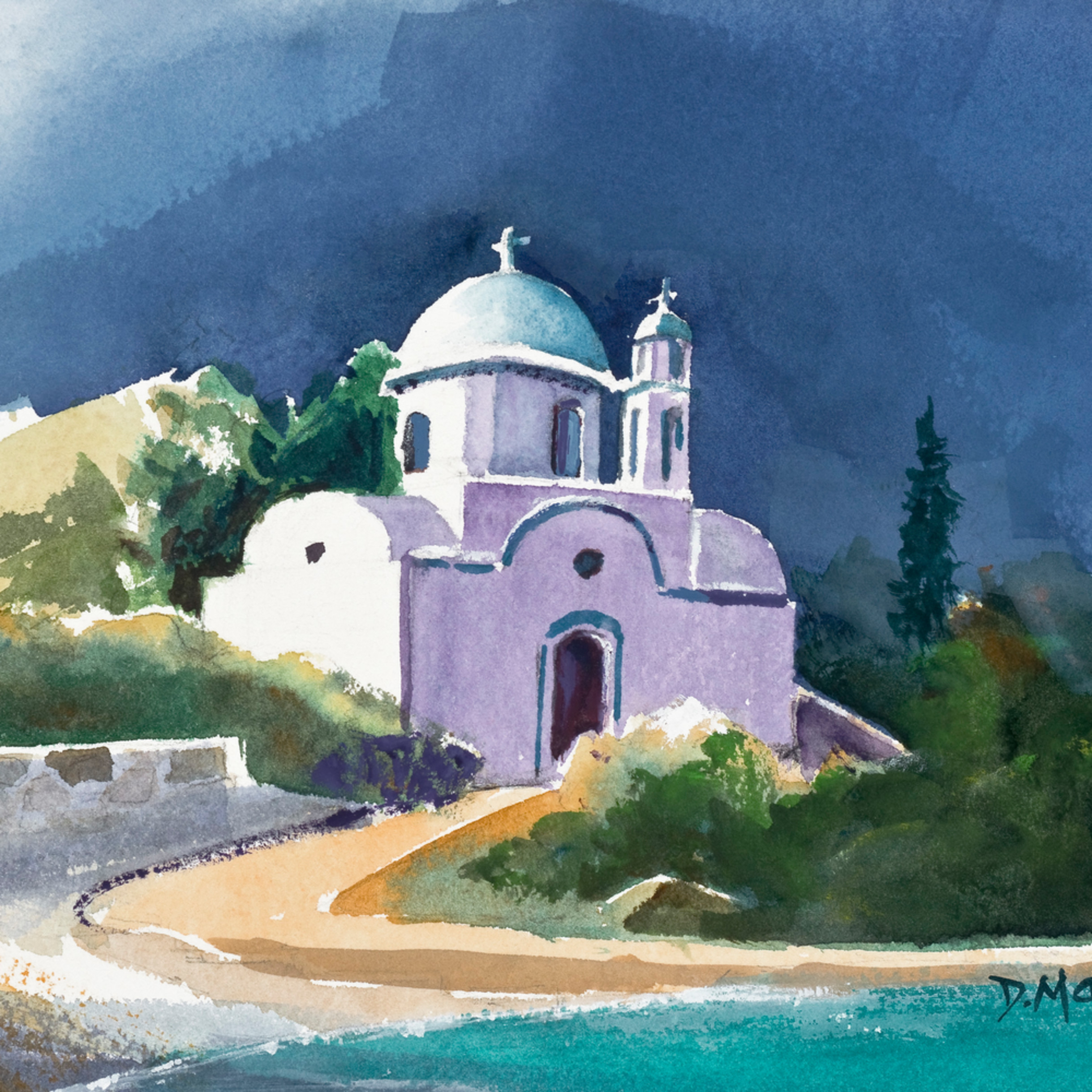Church At Lipsi Watercolor By Madaras