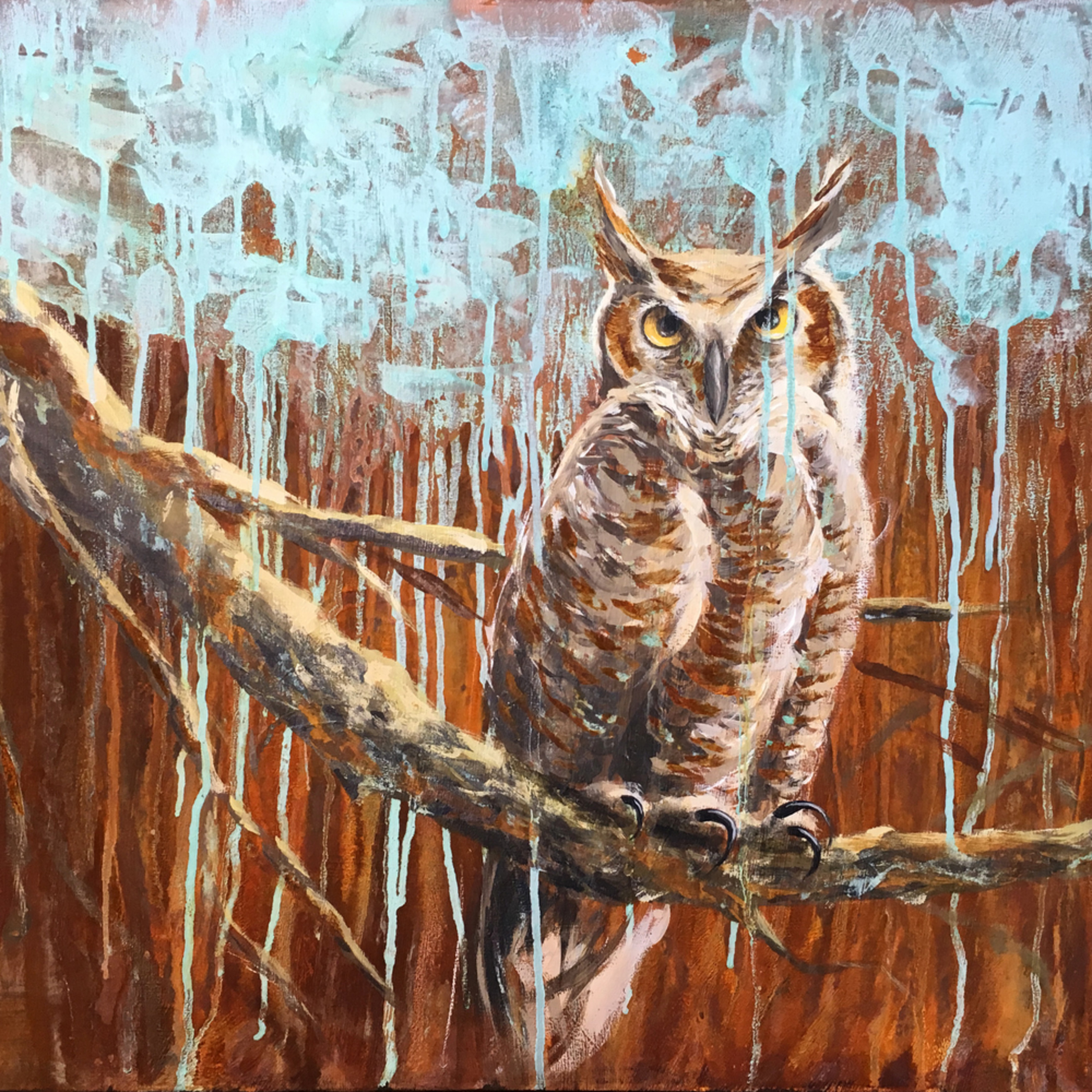 Owl On Branch Painting Great Horned Owl Owl Art Abstract