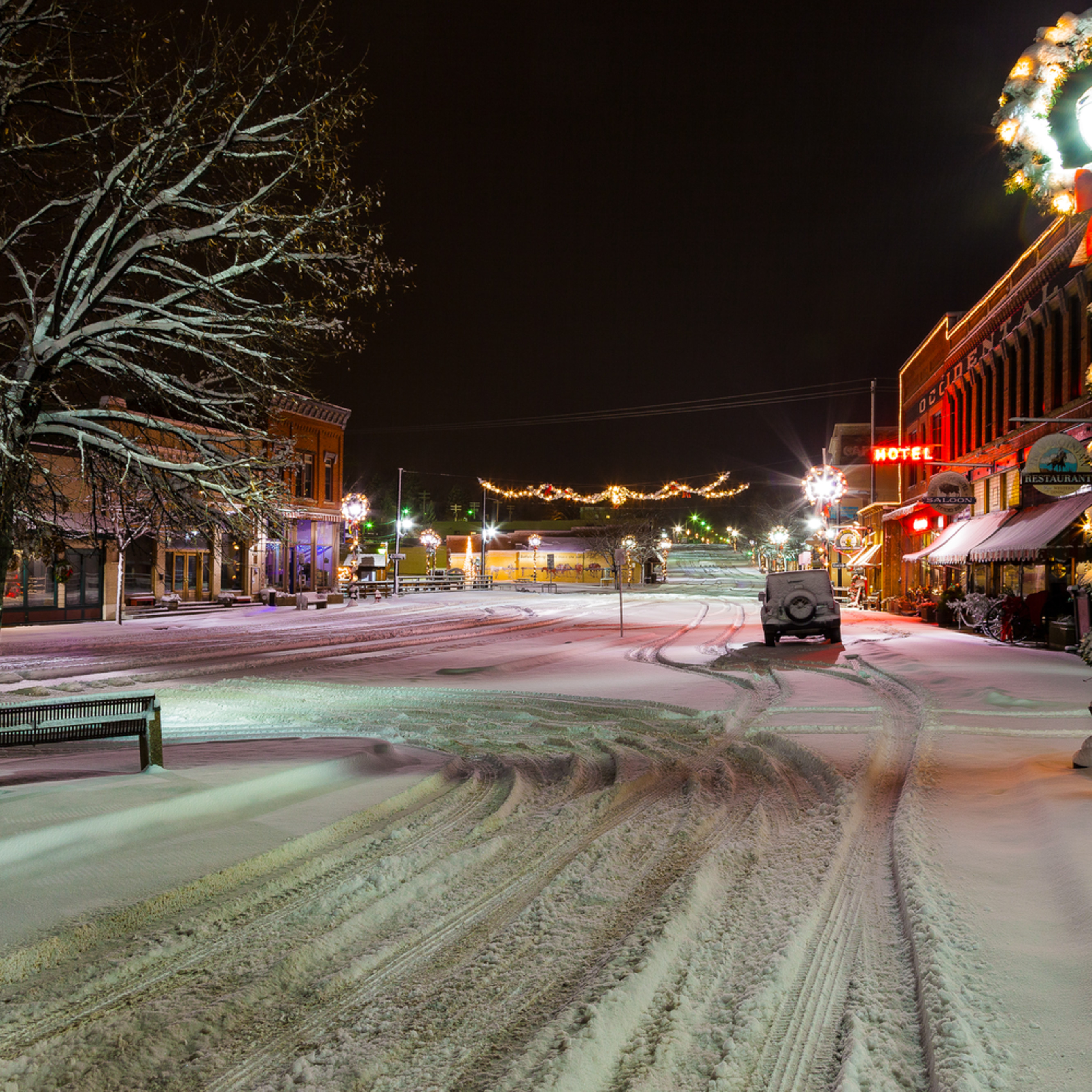 Night photo of Buffalo, Wyoming, downtown after Christmas snow