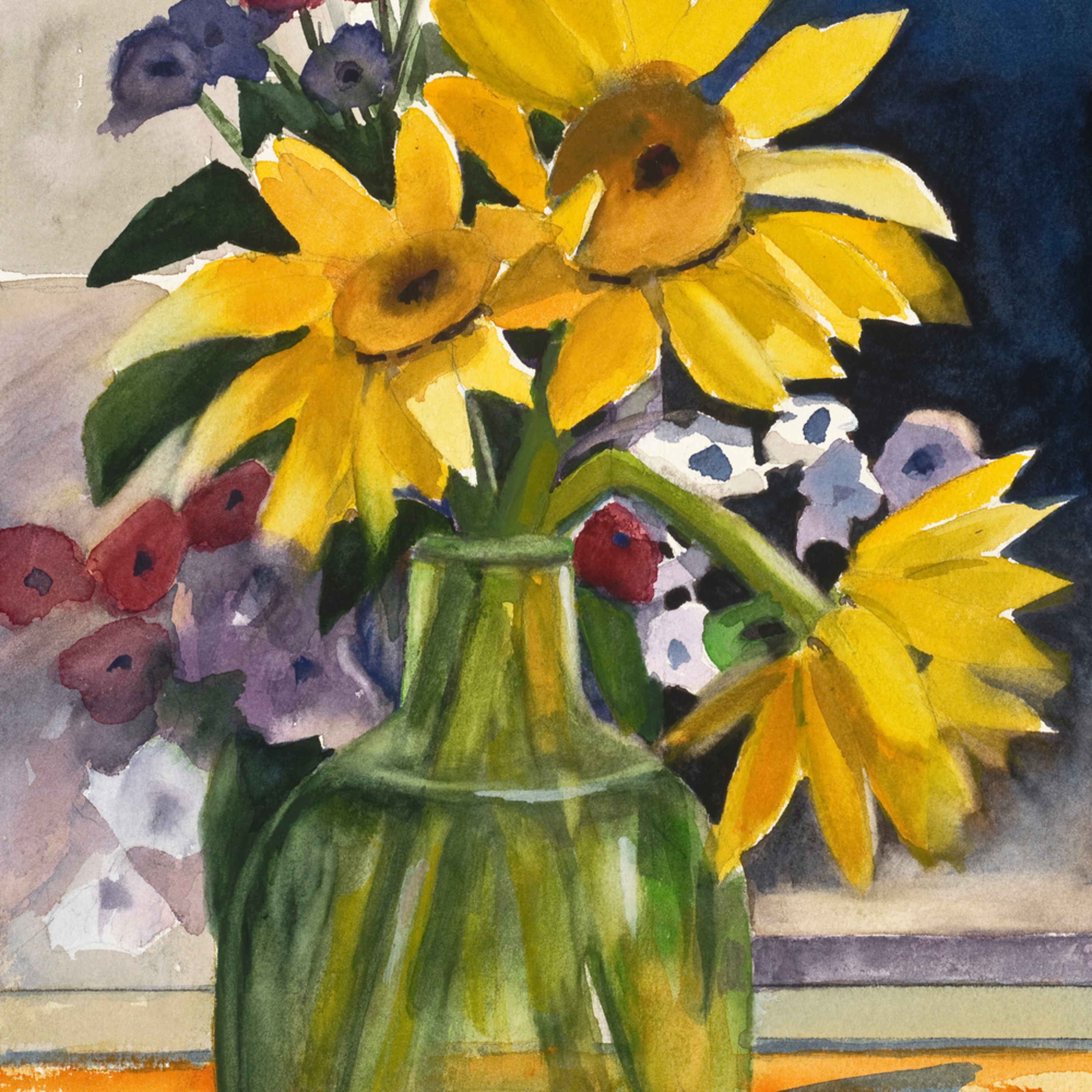 Sunflowers In Green Glass Watercolor By Diana Madaras