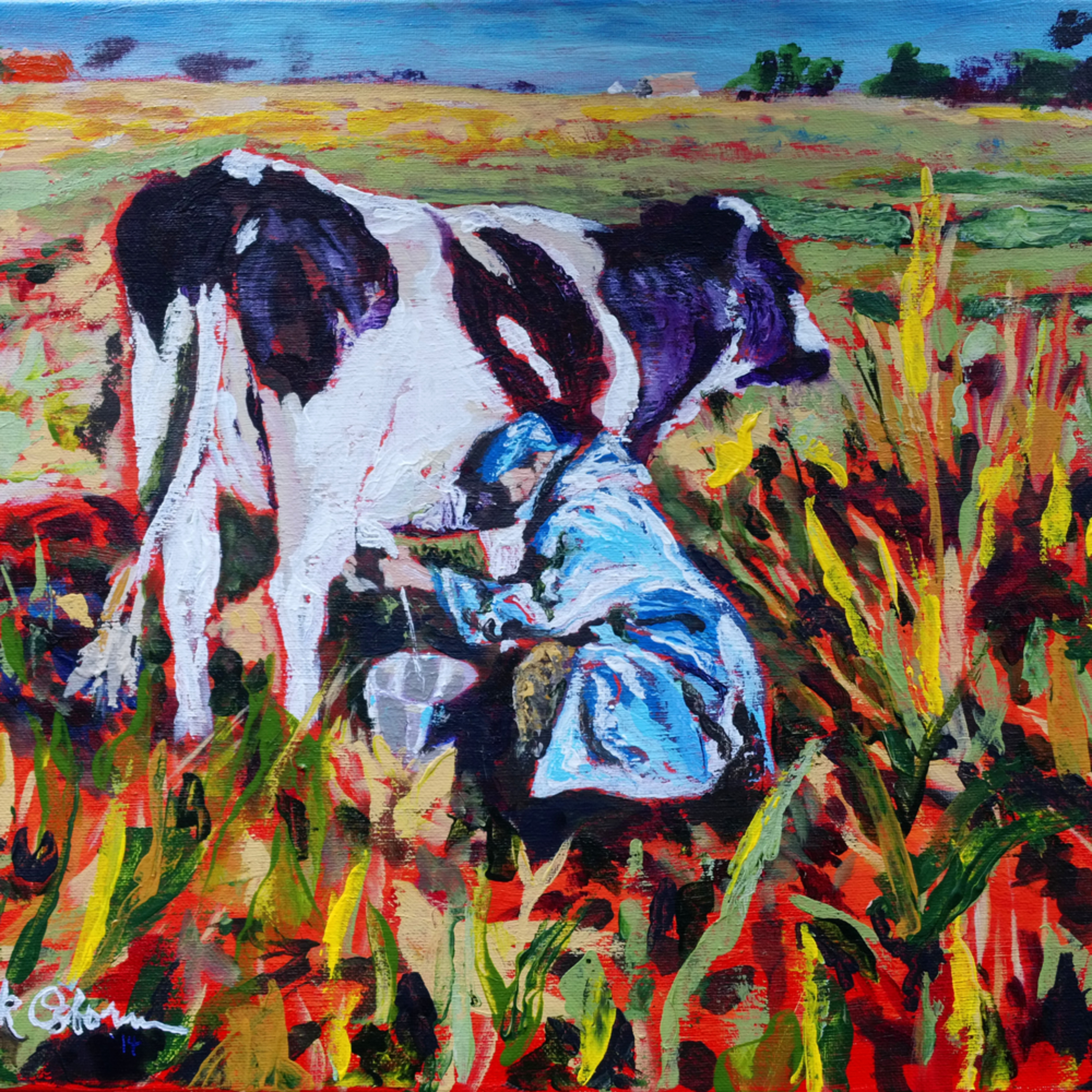 Milknificent Cow Print Painting Of Black And White Cow Being Milked