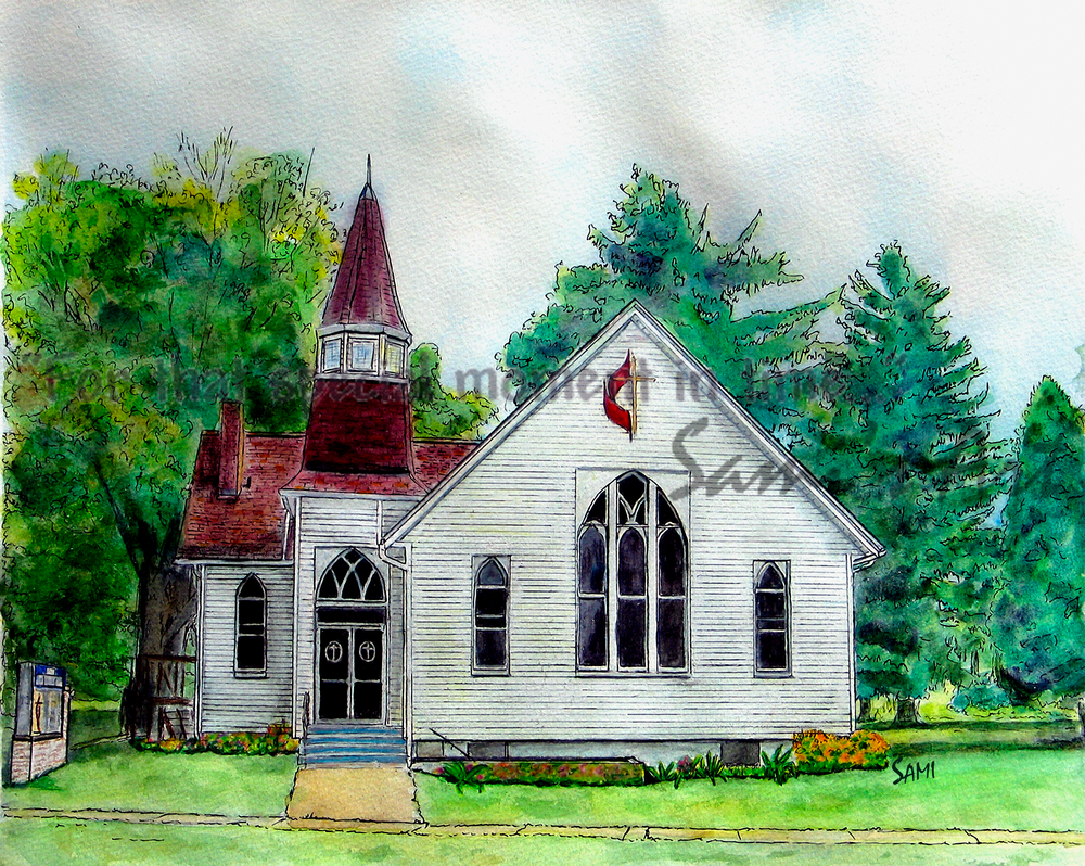 Clinton Ohio Methodist Church Painting for Sale | Sami's Art Shop
