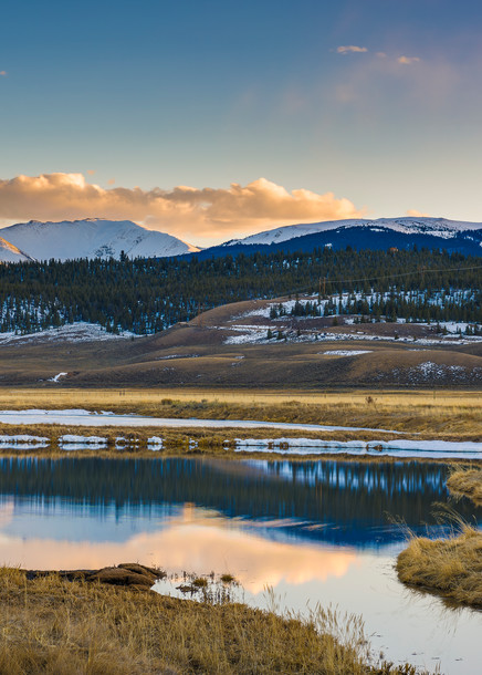Colorado Photography of Ranch at Sunset - Mountain Range Reflecting on Pond