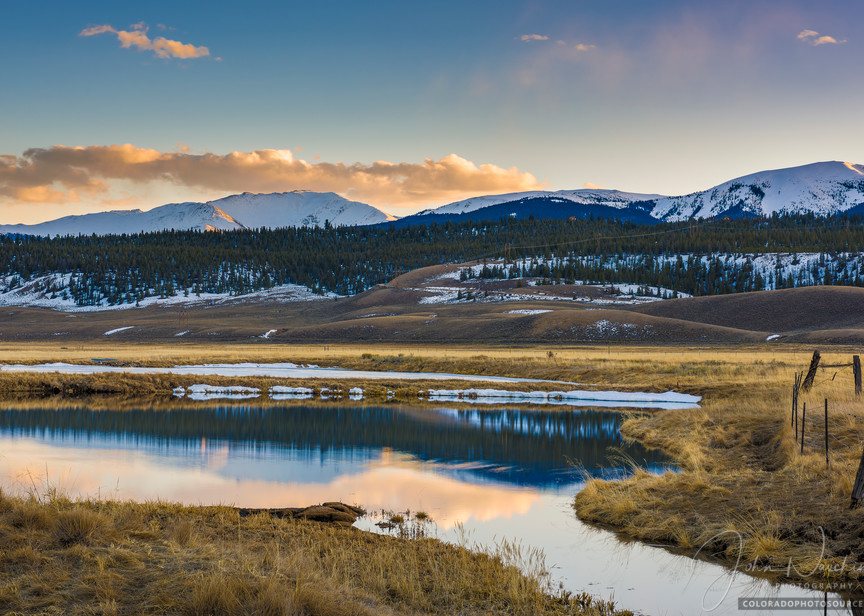 Colorado Photography of Ranch at Sunset - Mountain Range Reflecting on Pond