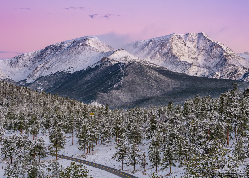 Photo of Snow Covered Ypsilon Mountain with Pink Hues from Belt of Venus