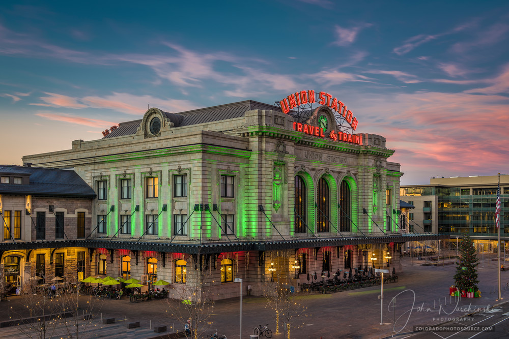 Sunset Photograph of Denver Union Station with Christmas Lights & Decorations