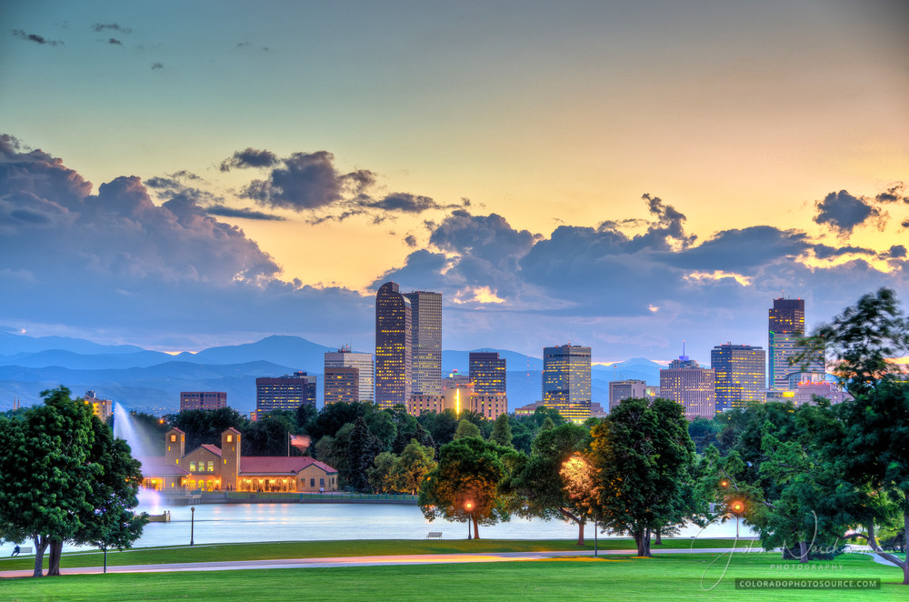 Photograph of Denver Skyline from City Park at Sunset