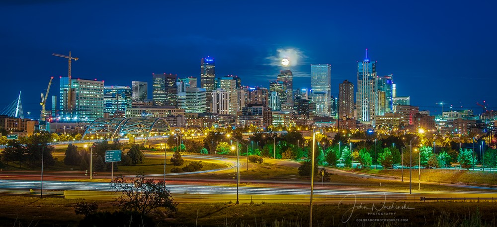 Denver Night Skyline Full Moon 16th Street Bridge Panoramic Photo