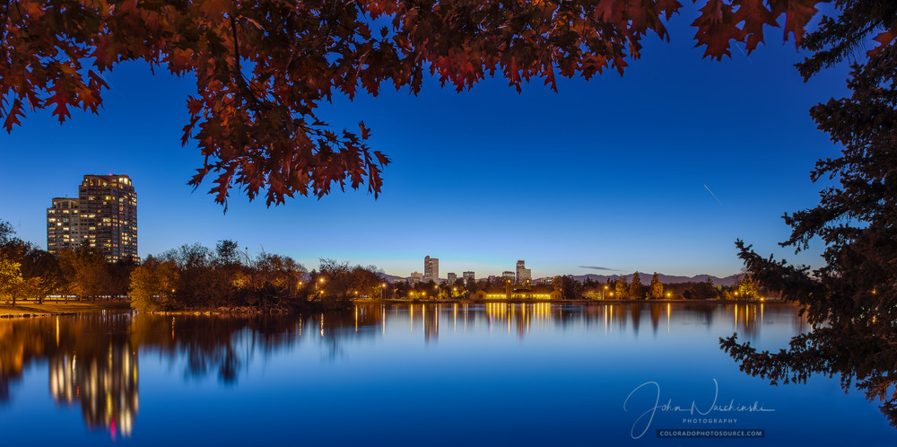 Photograph of Denver City Park Lake with Skyline Reflections