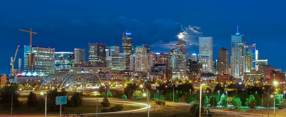 Photo of Denver Night Skyline Full Moon & 16th Street Bridge
