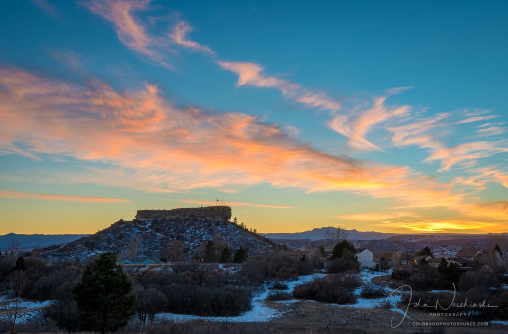 Pink, Yellow Blue Winter Sunset & Clouds Castle Rock Colorado