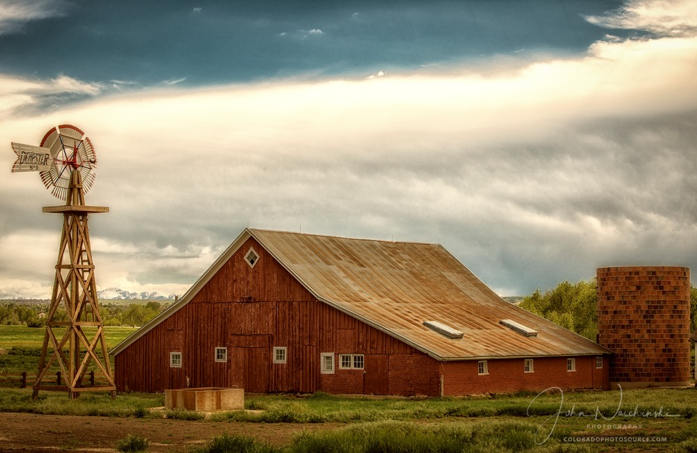 Photograph of Red Colorado Barn & Brick Grain Silo in Parker Colorado