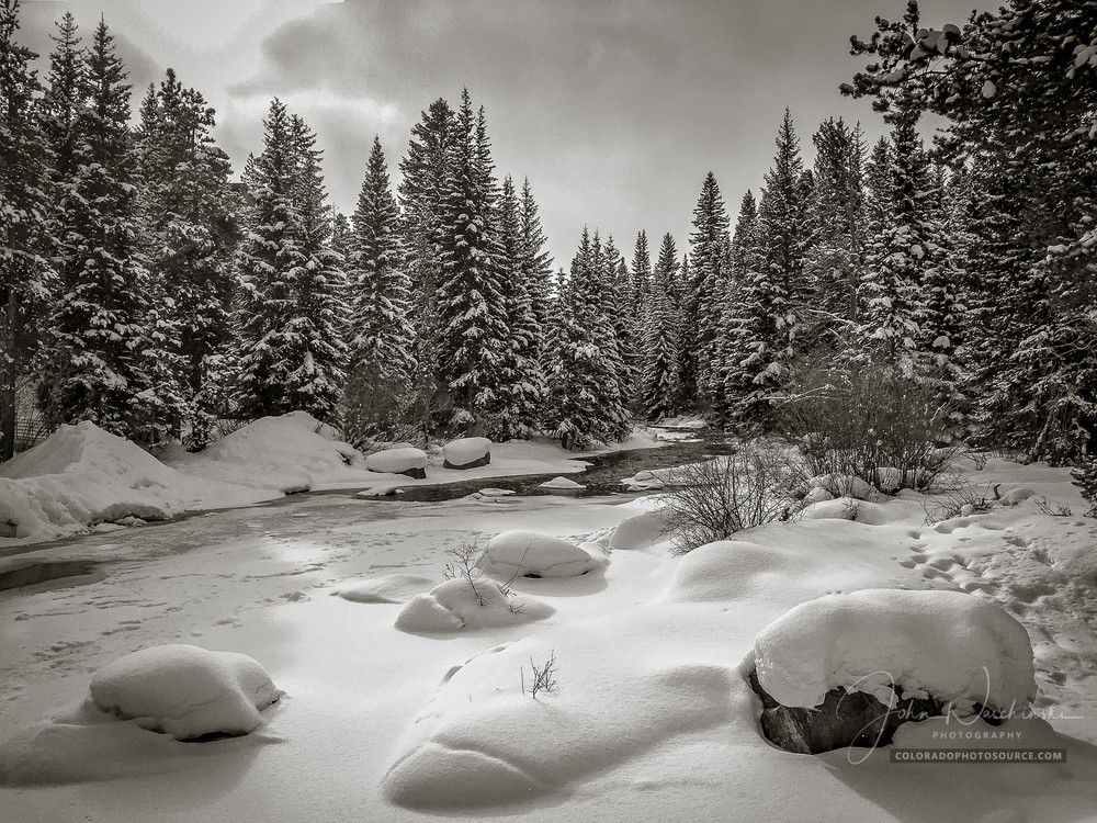 Black & White Winter Photo of Blue River Maggie Pond Breckenridge Colorado