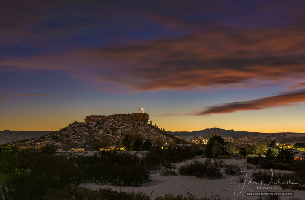 Castle Rock Colorado Star Late Autumn at Sunset with Snow