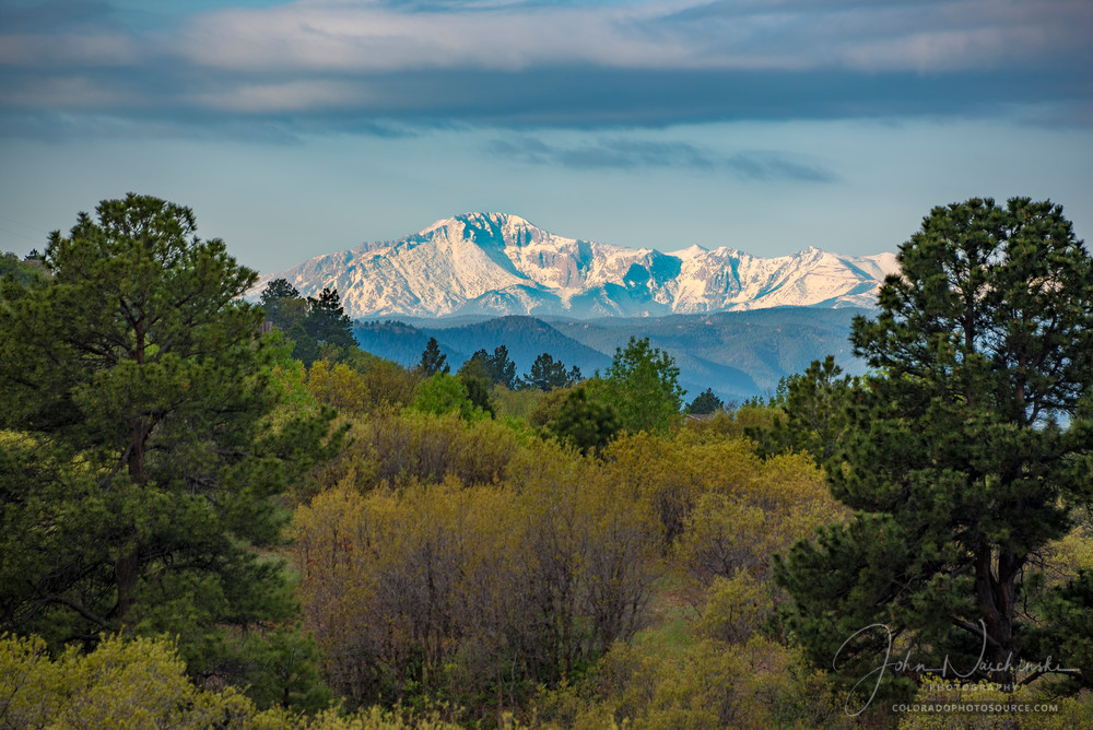 Landscape Photograph of Pikes Peak at Dawn with Spring Snow
