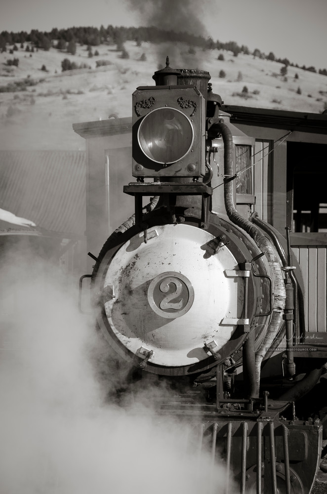 Cripple Creek & Victor Narrow Gauge Steam Locomotive Pulling Out of Train Station - B&W Photo