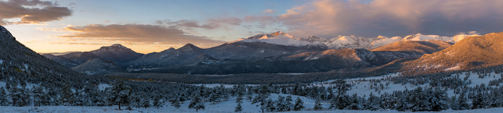 Wide Panorama Photo of Snow Covered Longs Peak & Beaver Meadows at Sunrise