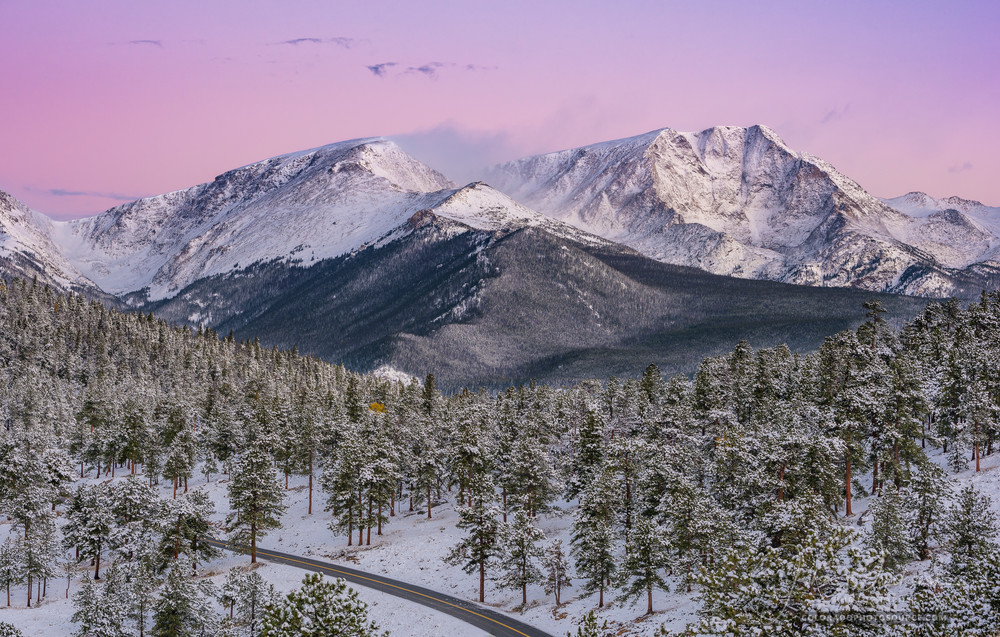 Photo of Snow Covered Ypsilon Mountain with Pink Hues from Belt of Venus