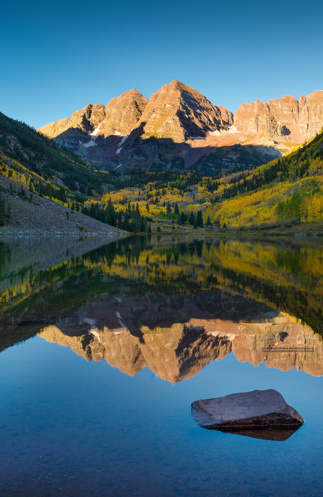 Vertical Photo of Aspen Maroon Bells in Colorado Reflecting Upon Maroon Lake
