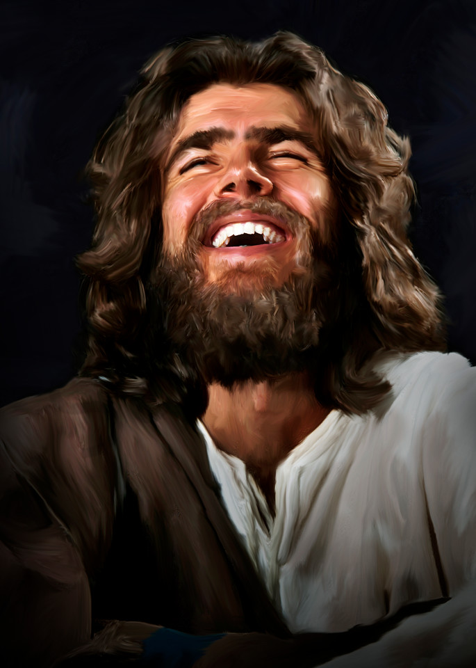 digital art painting of Joyous Jesus laughing