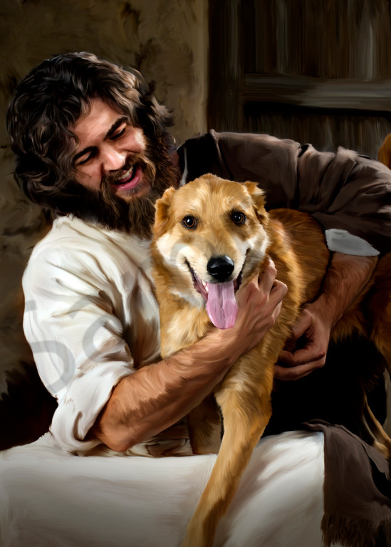 Joyous Jesus interacting with a dog