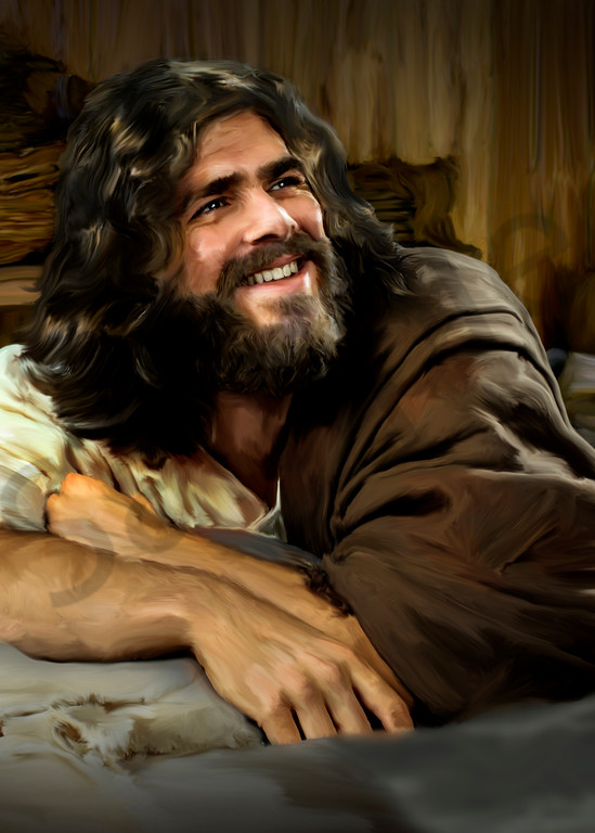 Joyous Jesus reclining at home