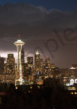 Lightning flash behind the downtown Seattle skyline, during a storm, Seattle, Washington