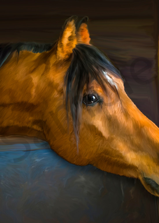 digital art painting of a Bay horse in a stall