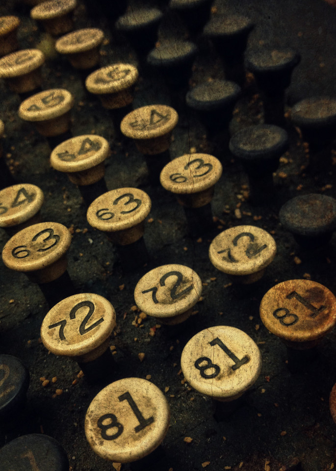 Conceptual & abstract macro photograph of an industrial, antique typewriter in sepia, for sale as fine art by Sage & Balm