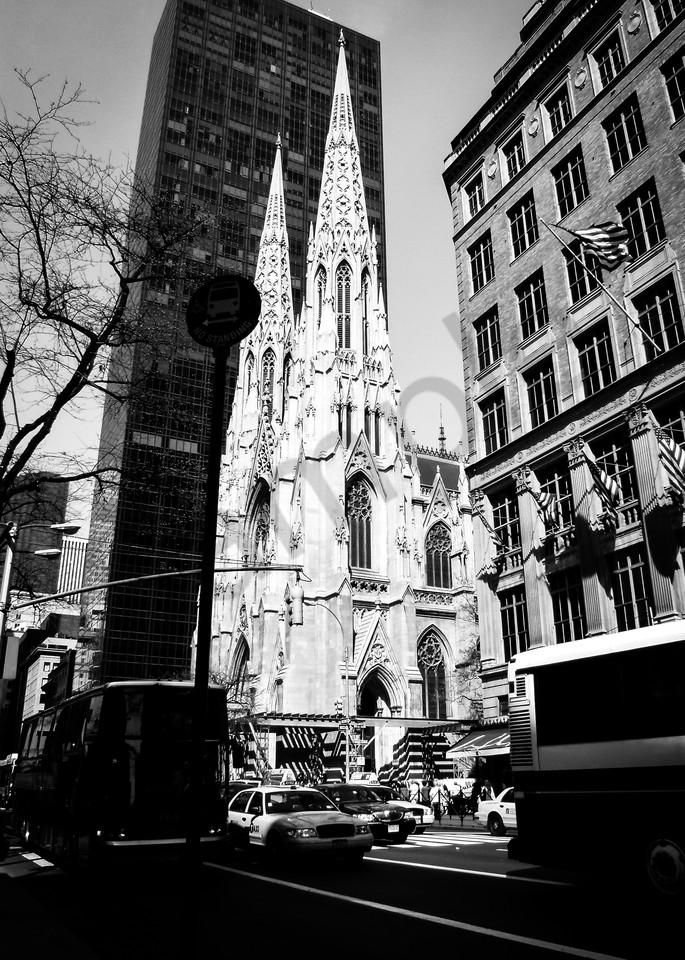 Black & white architectural street photograph of St. Patrick's cathedral in Manhattan, New York, for sale as fine art by Sage & Balm