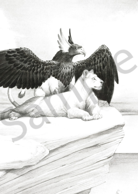 A griffin and lioness gaze out over the ocean together. This was an engagement gift the couple gave each other.